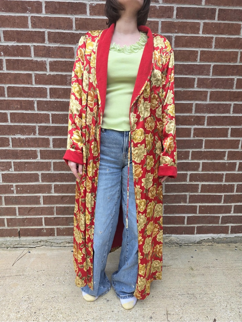 Red Floral Vintage-Style Long Robe